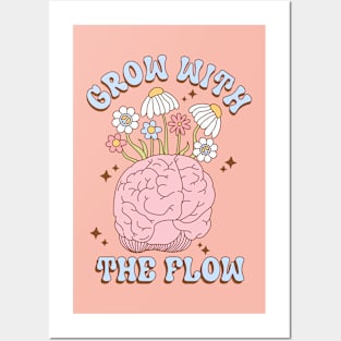 Mental Health Matters Grow With The Flow Floral Brain Groovy Posters and Art